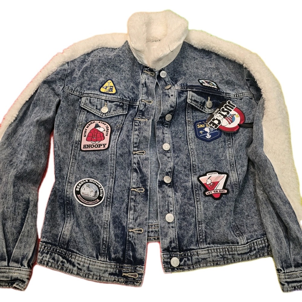 Justice x Peanuts Snoopy Denim Jacket Size L 12/14 Acid Wash Sherpa Unisex Style